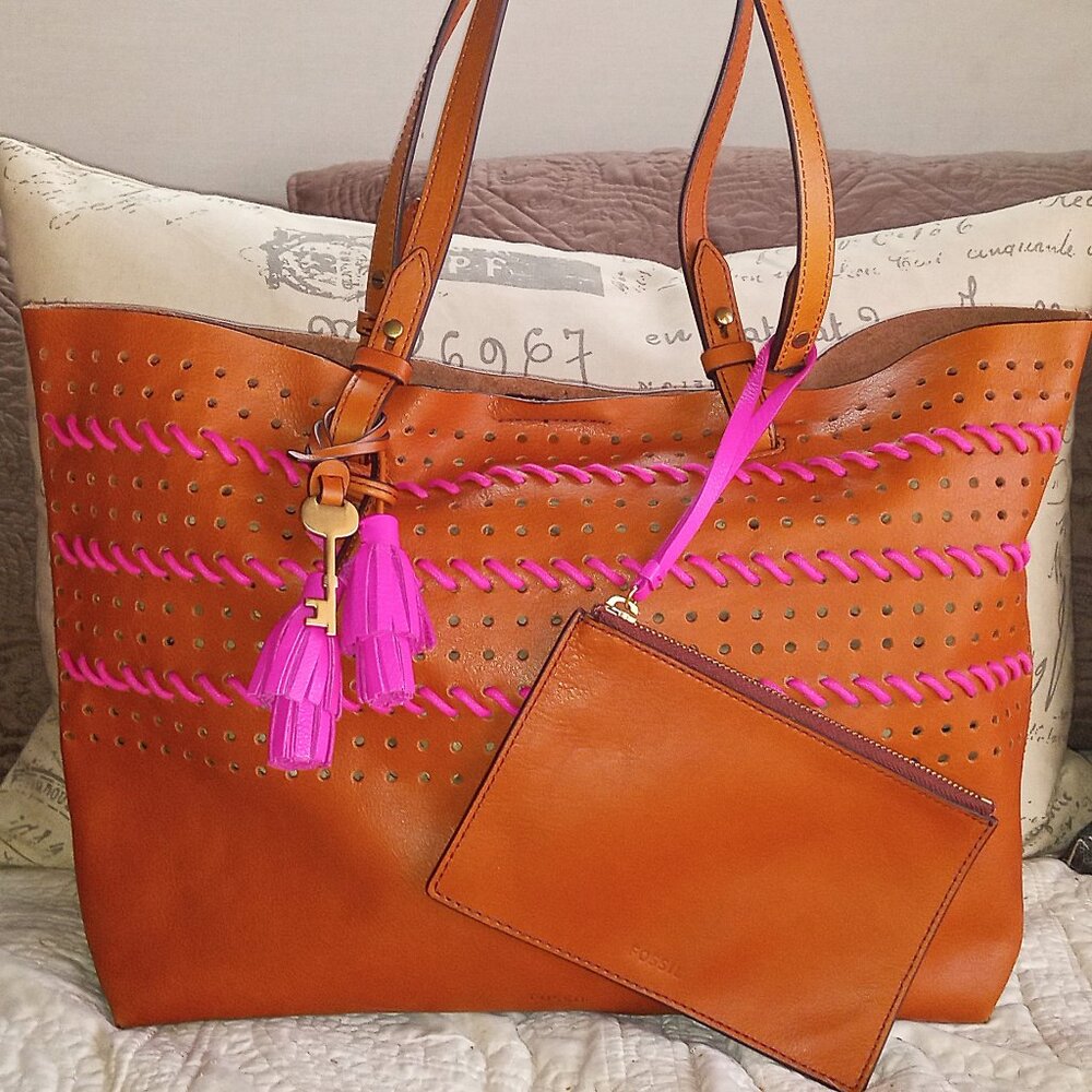 Fossil Rachel Caramel Leather Pink Whipstitch Tote